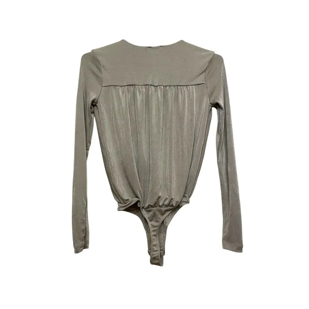 Free People Turnt One Piece Thong Bodysuit Women Size XS Deep Plunge Gray NWT‎